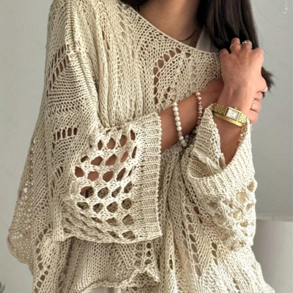 Apricot Casual Women's Hollow-Out 3/4 Sleeve Knit Sweater Off-Shoulder Soft